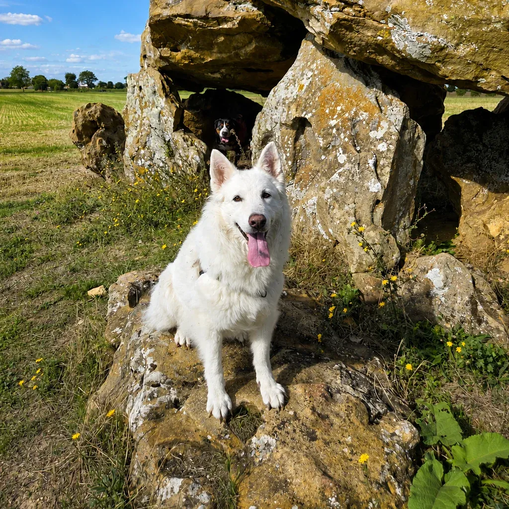 Chien blanc assis près de rochers dans un paysage naturel
