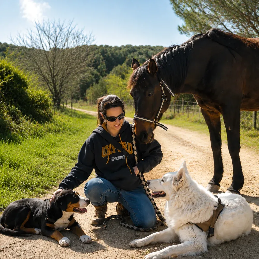 Émilie, éducatrice canine comportementaliste diplômée d’État, avec ses chiens et son cheval dans la garrigue près de Nîmes